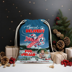 Christmas Santa Flies To You Custom Photo And Name, Personalized String Bag, Christmas Gift