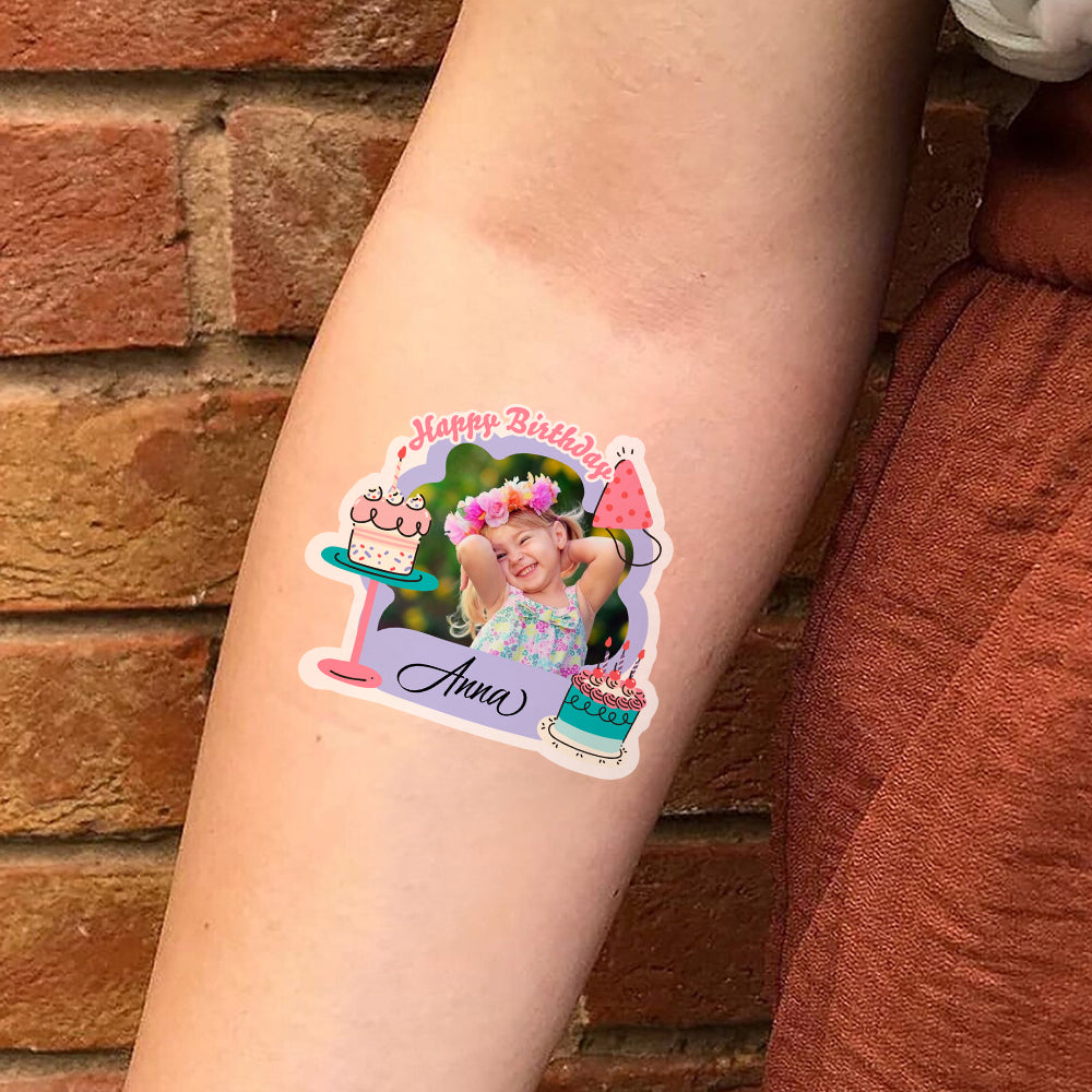 Happy Birthday, Birthday Cake Tattoo, Custom Photo And Text Temporary Tattoo, Personalized Tattoo, Fake Tattoo