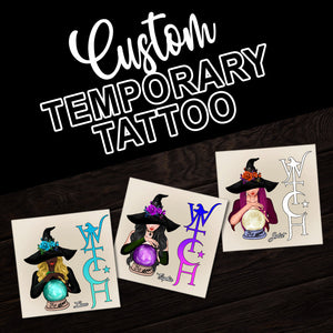 Witch And Ball, Custom Face Photo And Texts Temporary Tattoo, Personalized Tattoo, Fake Tattoo