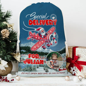 Christmas Santa Flies To You Custom Photo And Name, Personalized String Bag, Christmas Gift