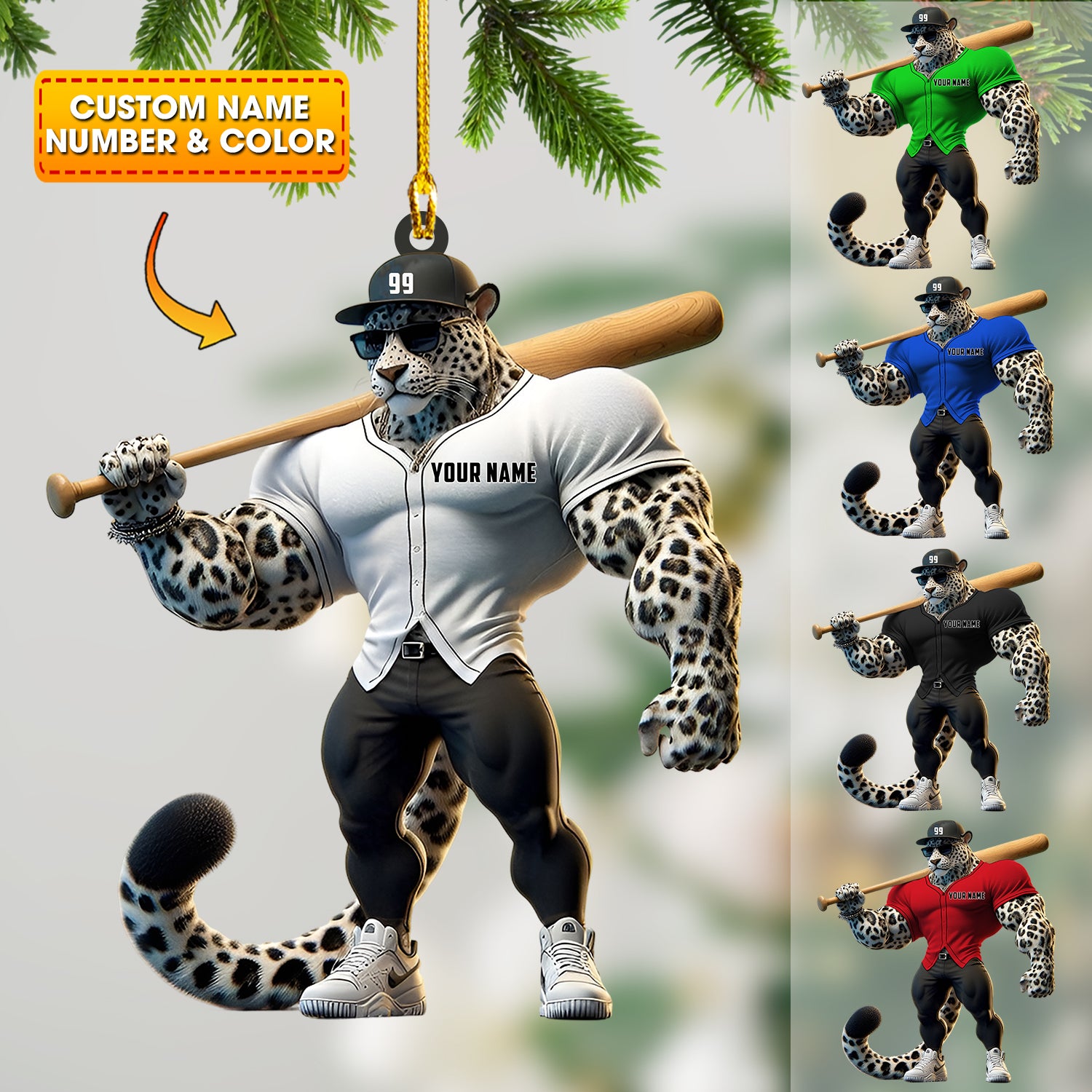 Baseball Leopard Christmas Ornament, Personalized Ornament