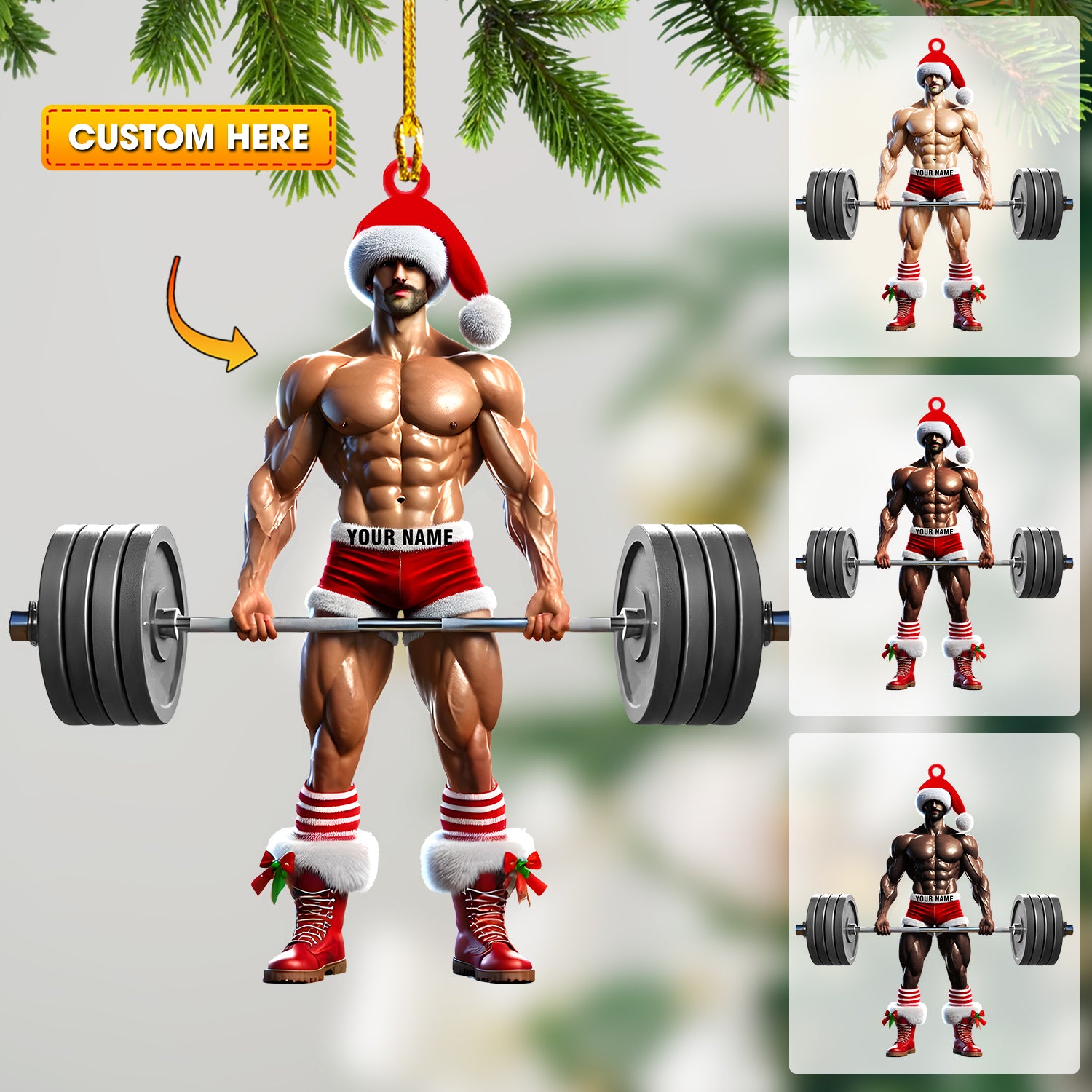 Weightlifter Santa Christmas Ornament, Personalized Ornament