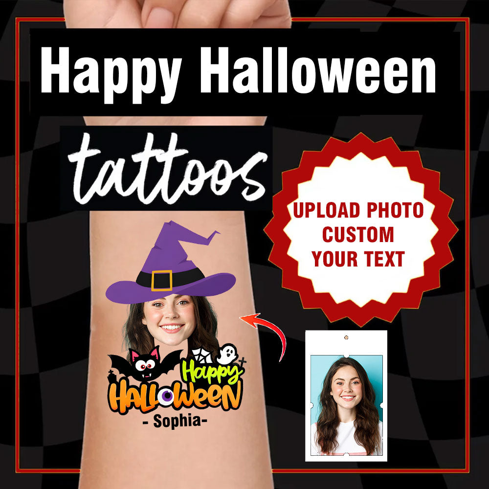 Happy Halloween Tattoo, Custom Face Photo And Texts Temporary Tattoo, Personalized Tattoo, Fake Tattoo