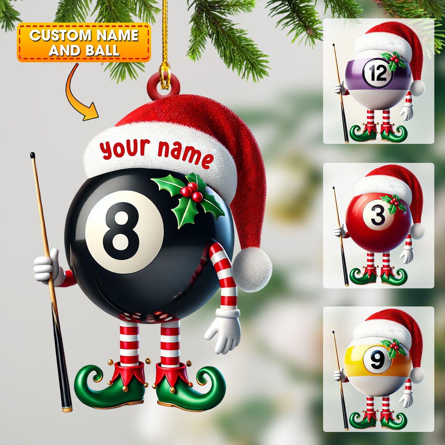 Billiard Santa Ball Christmas Ornament, Personalized Ornament