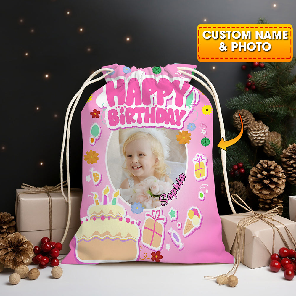 Happy Birthday Pink And Cake Bag Personalized Christmas String Bag