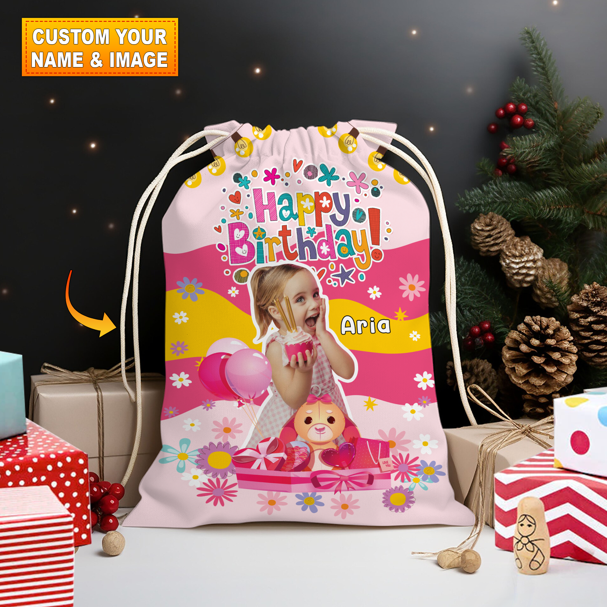 Happy Cute Kid Birthday Bag Personalized Christmas String Bag