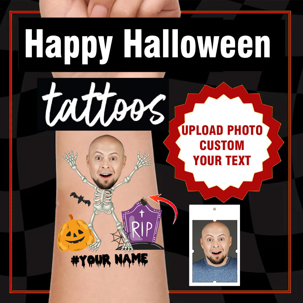 Happy Halloween Hashtag Tattoo, Custom Face Photo And Texts Temporary Tattoo, Personalized Tattoo, Fake Tattoo