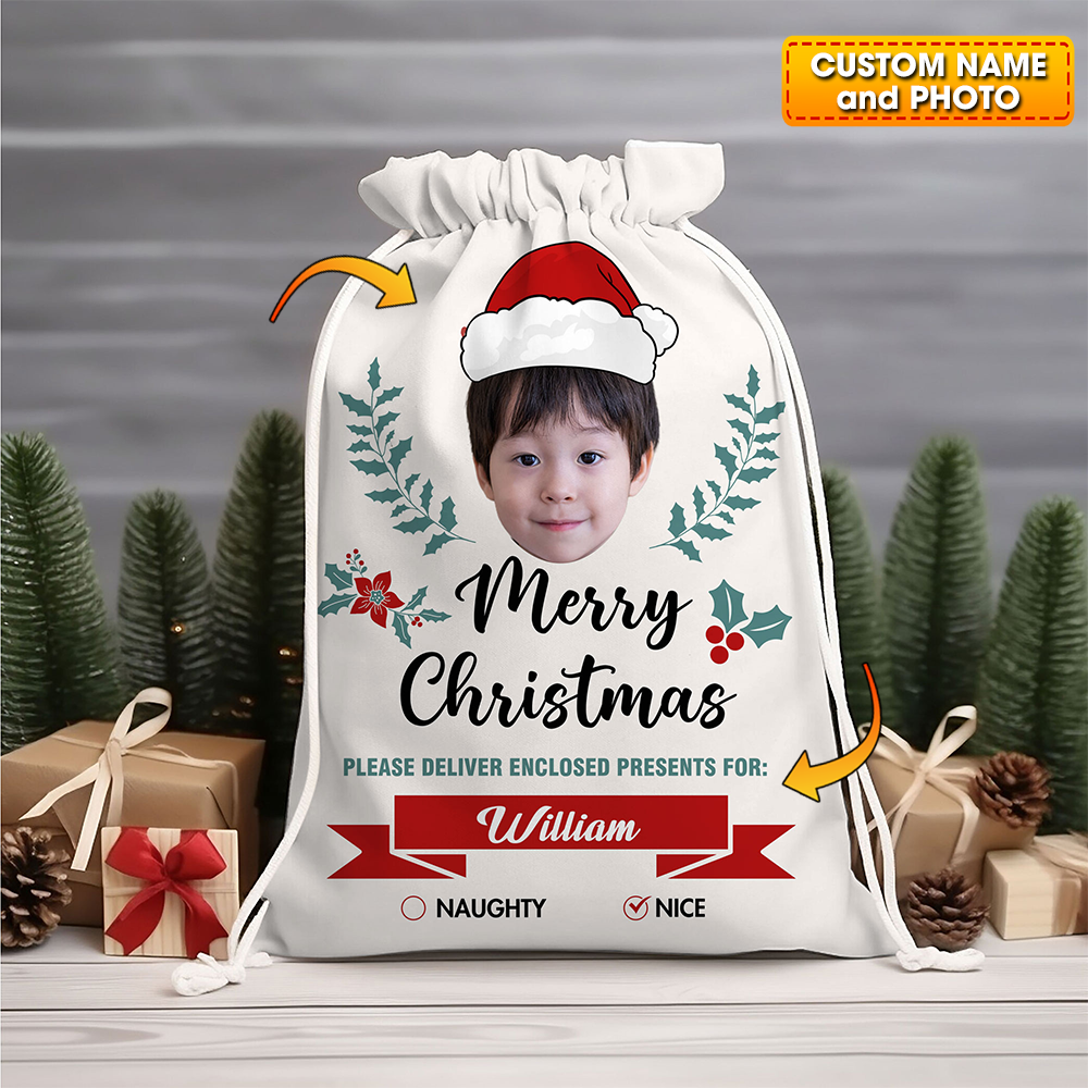 Christmas Kid Face Custom Photo And Name, Personalized String Bag, Christmas Gift