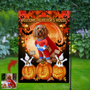 Welcome To Dog's House - Personalized Photo Halloween Dog Garden Flag, Gift For Pet Lovers