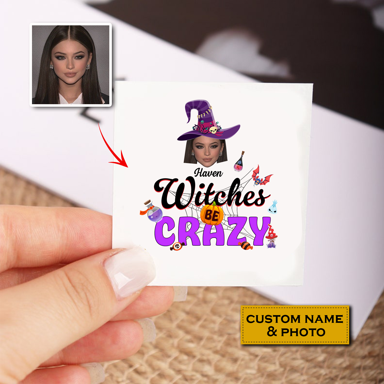 Witches Be Crazy, Custom Face Photo And Texts Temporary Tattoo, Personalized Tattoo, Fake Tattoo