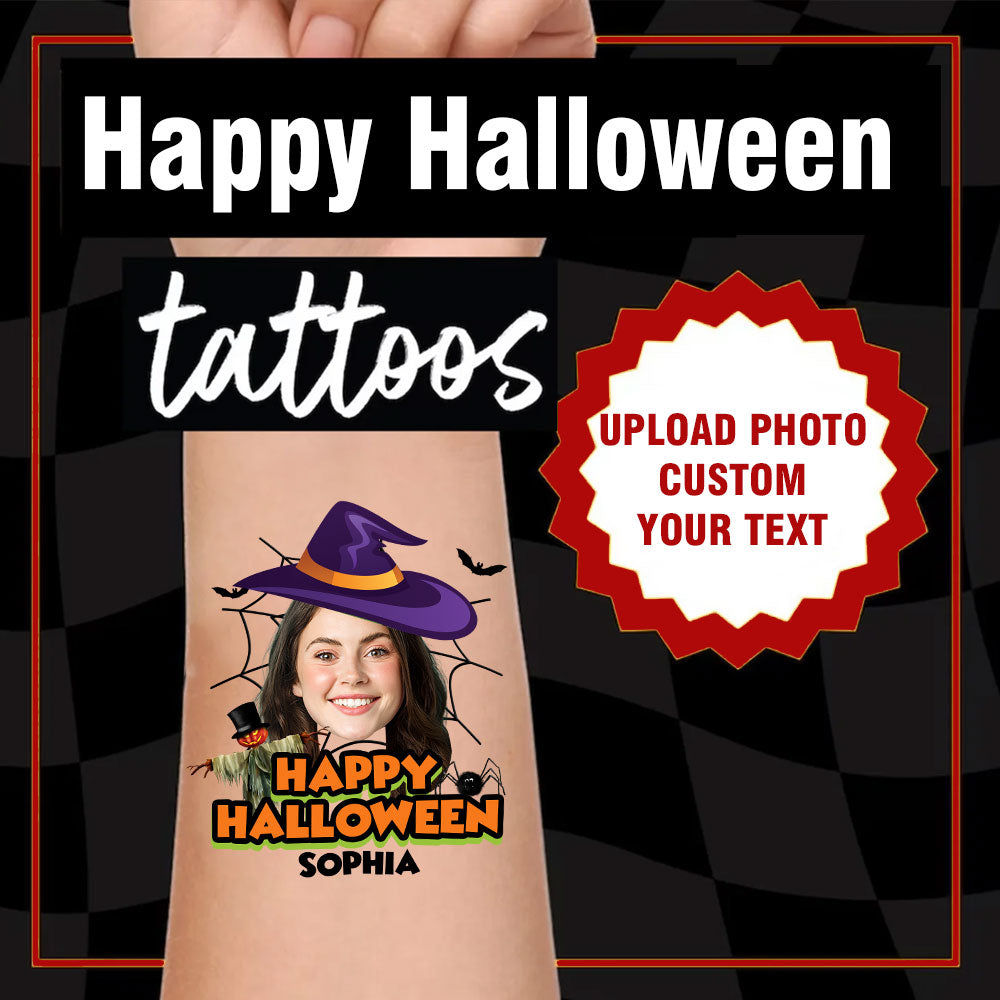 Happy Halloween Cobweb, Custom Face Photo And Texts Temporary Tattoo, Personalized Tattoo, Fake Tattoo