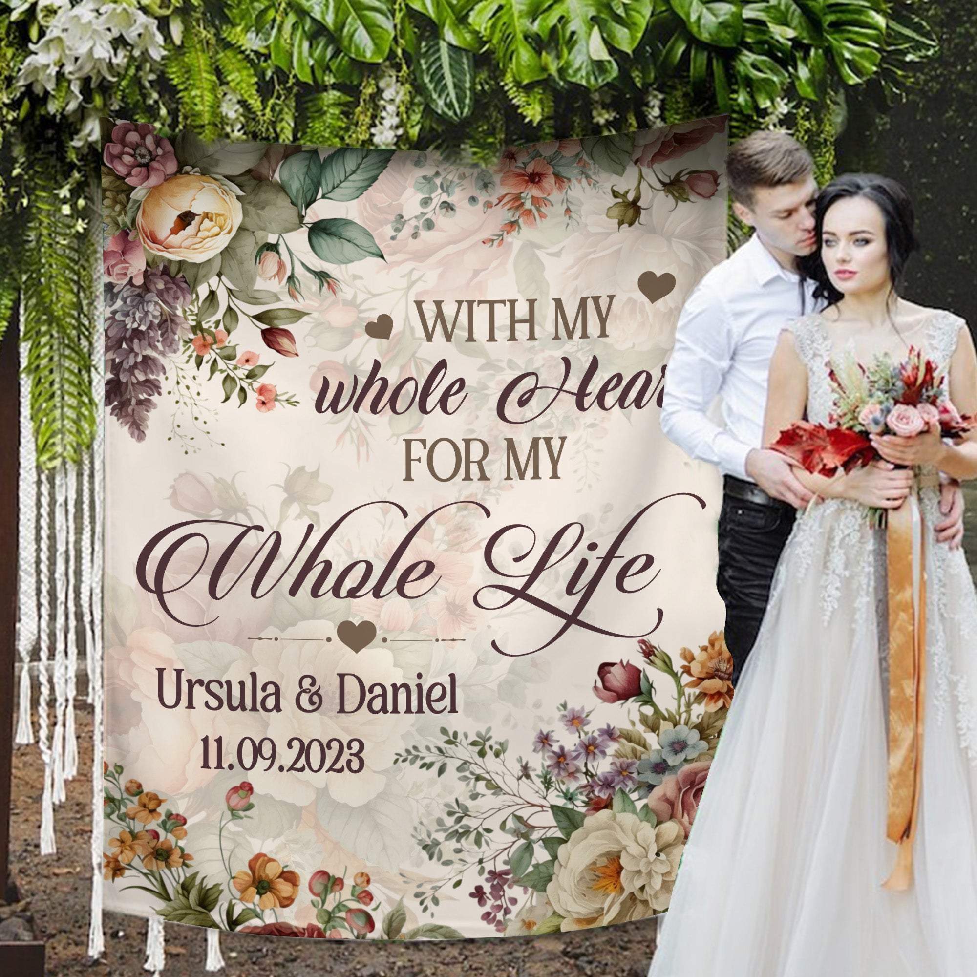 With Whole My Heart For My Whole Life Wedding Decoration Backdrop - Personalized Backdrop