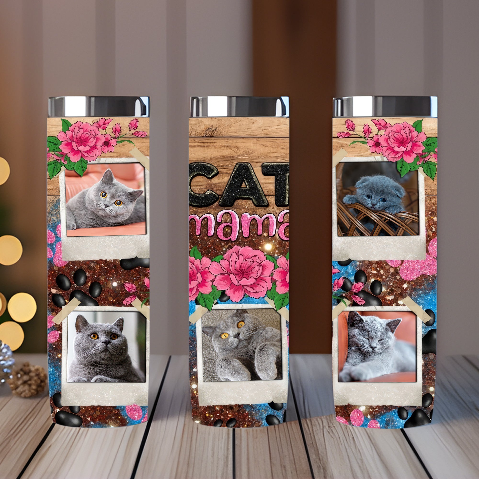 Cat Mama - Custom Photo - Personalized Skinny Tumbler - Gift For Cat Lovers