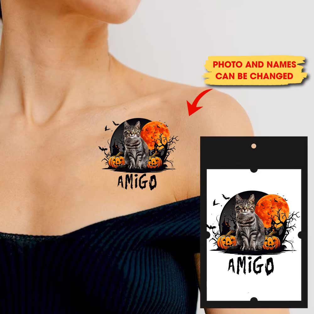 Halloween Pet Lover, Custom Face Photo And Texts Temporary Tattoo, Personalized Tattoo, Fake Tattoo