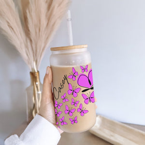 Butterfly Line - Custom Name - Personalized Glass Bottle, Frosted Bottle