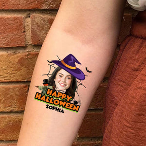 Happy Halloween Cobweb, Custom Face Photo And Texts Temporary Tattoo, Personalized Tattoo, Fake Tattoo