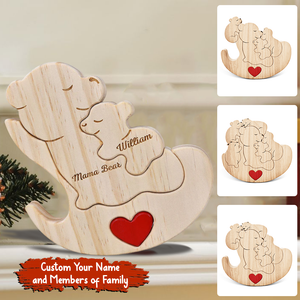 Personalized Wooden Big Bear And Kids Family Christmas - Puzzle Wooden Family - Wooden Pet Carvings