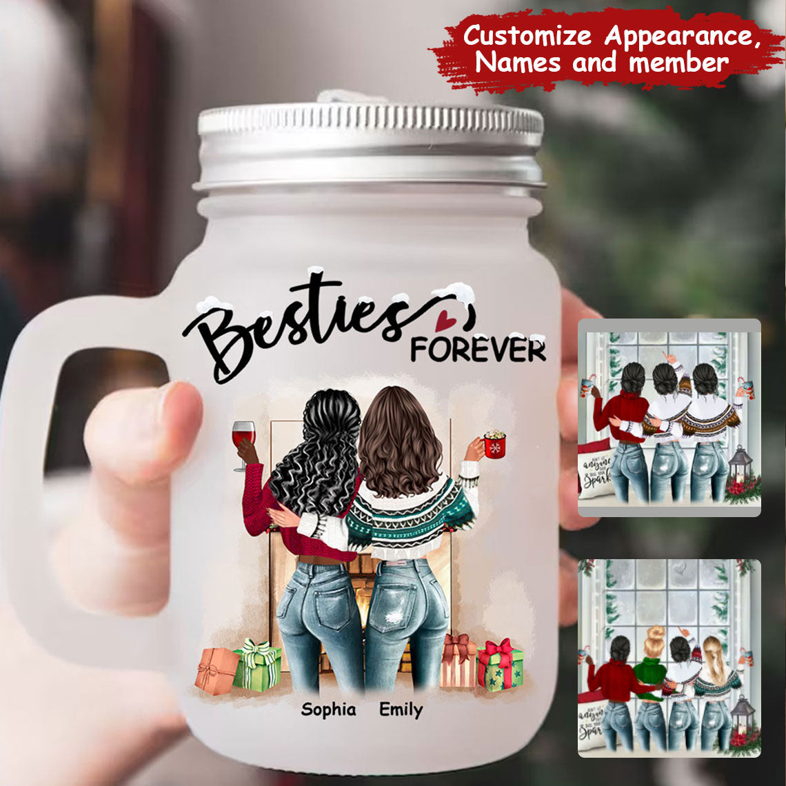 Besties Forever, Custom Appearances And Names - Personalized Mason Jar Cup With Straw