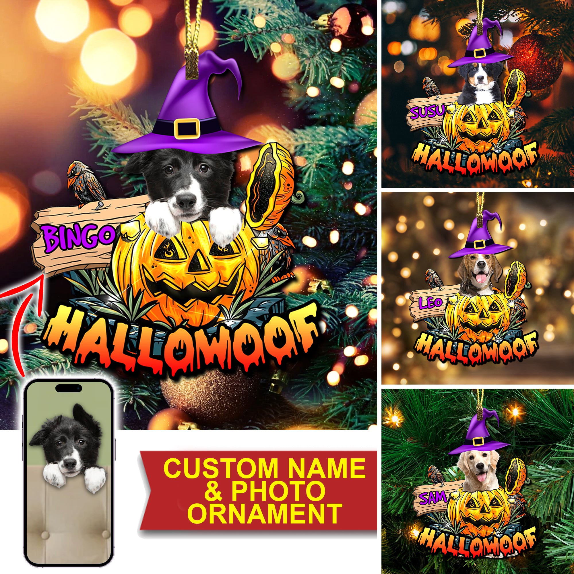 Hallowoof - Custom Photo And Name, Personalized Acrylic Ornament - Halloween Gift For Pet Lover