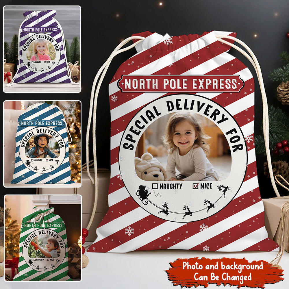 North Pole Express Special Deliver For Kid, Custom Background And Photo- Personalized String Bag, Christmas Gift, Gift For Family