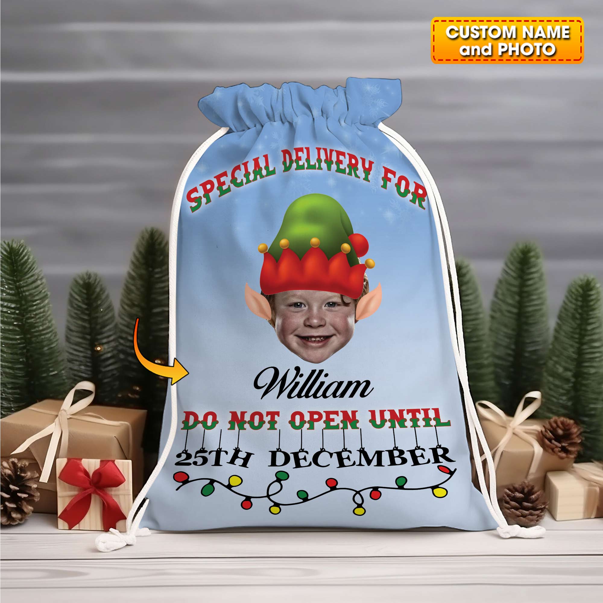 Special Christmas Delivery For Kid Custom Photo And Text, Personalized String Bag, Christmas Gift