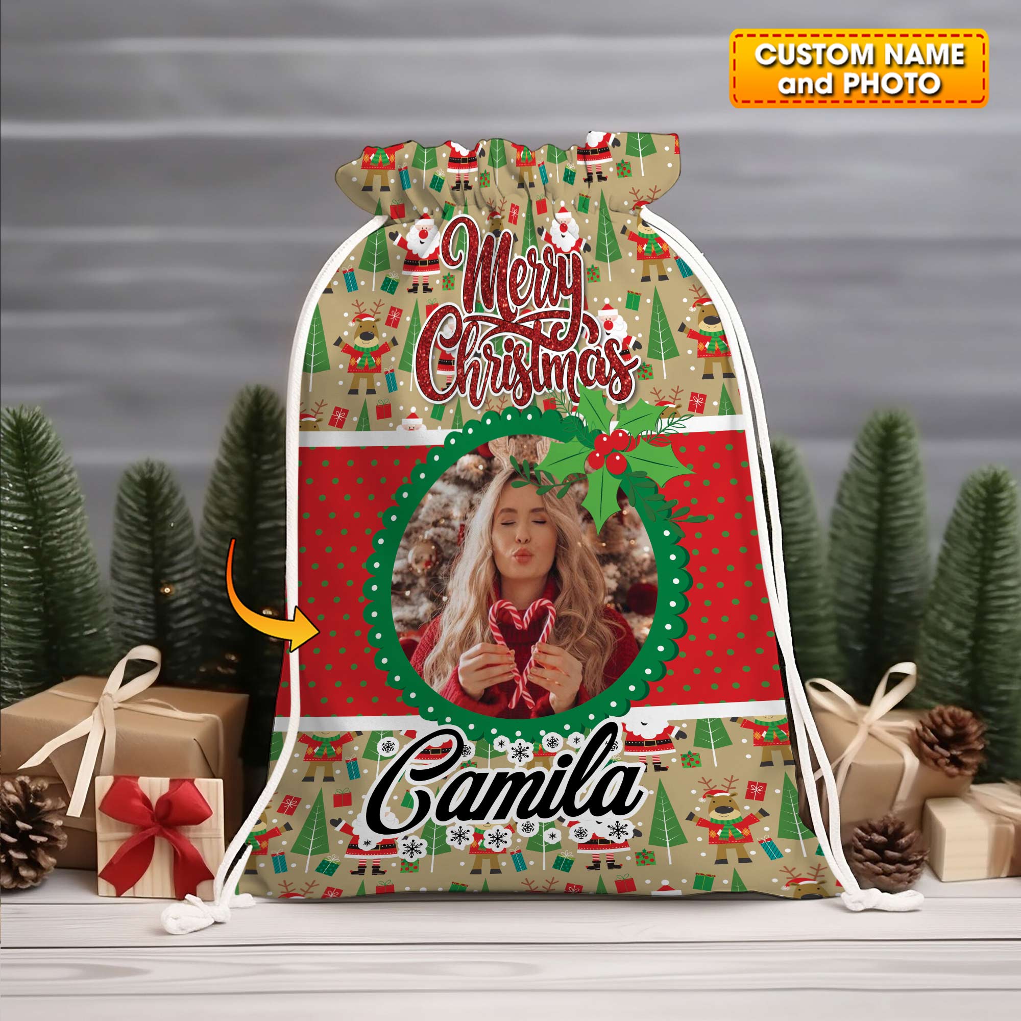 Christmas Decor For Custom Photo And Name, Personalized String Bag, Christmas Gift