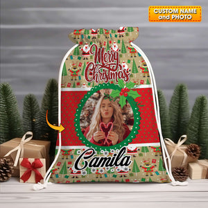 Christmas Decor For Custom Photo And Name, Personalized String Bag, Christmas Gift