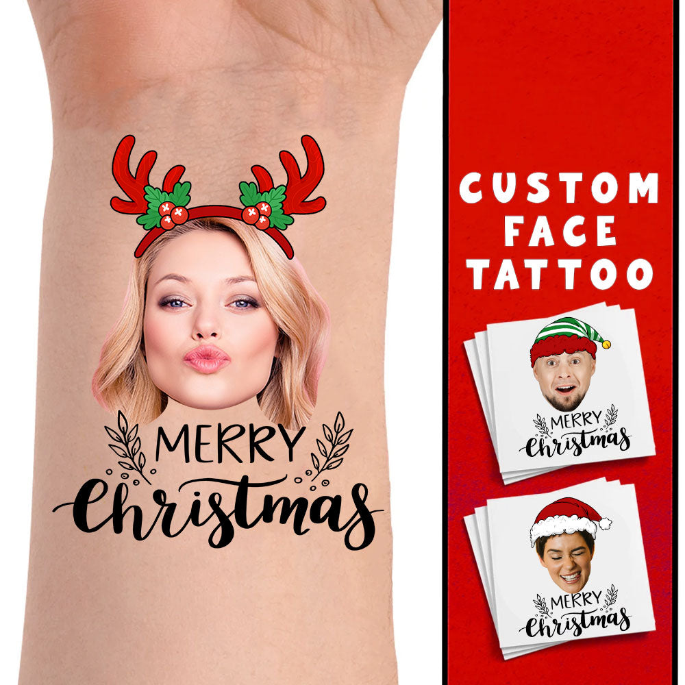 Merry Christmas, Custom Photo And Hat Temporary Tattoo, Personalized Tattoo, Fake Tattoo