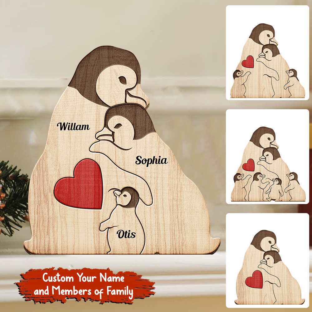 Personalized Wooden Penguin Family Christmas - Puzzle Wooden Penguin Family - Wooden Pet Carvings