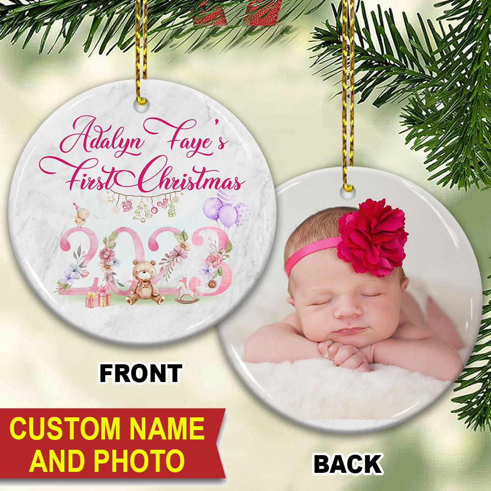 Baby First Xmas - Custom Photo And Name- Personalized 2 Sides Ceramic Ornament - Gift For Family, Christmas Gift