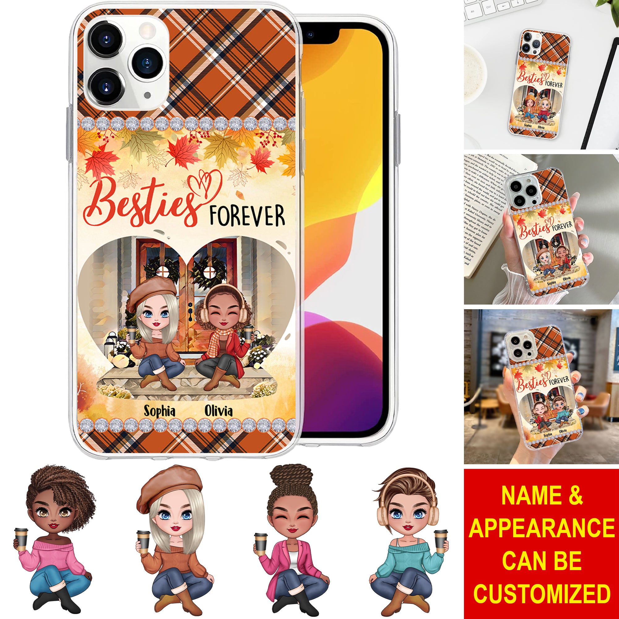 Besties Forever In Fall Season - Custom Appearances And Names - Personalized Phone Case, Gift For Best Friend