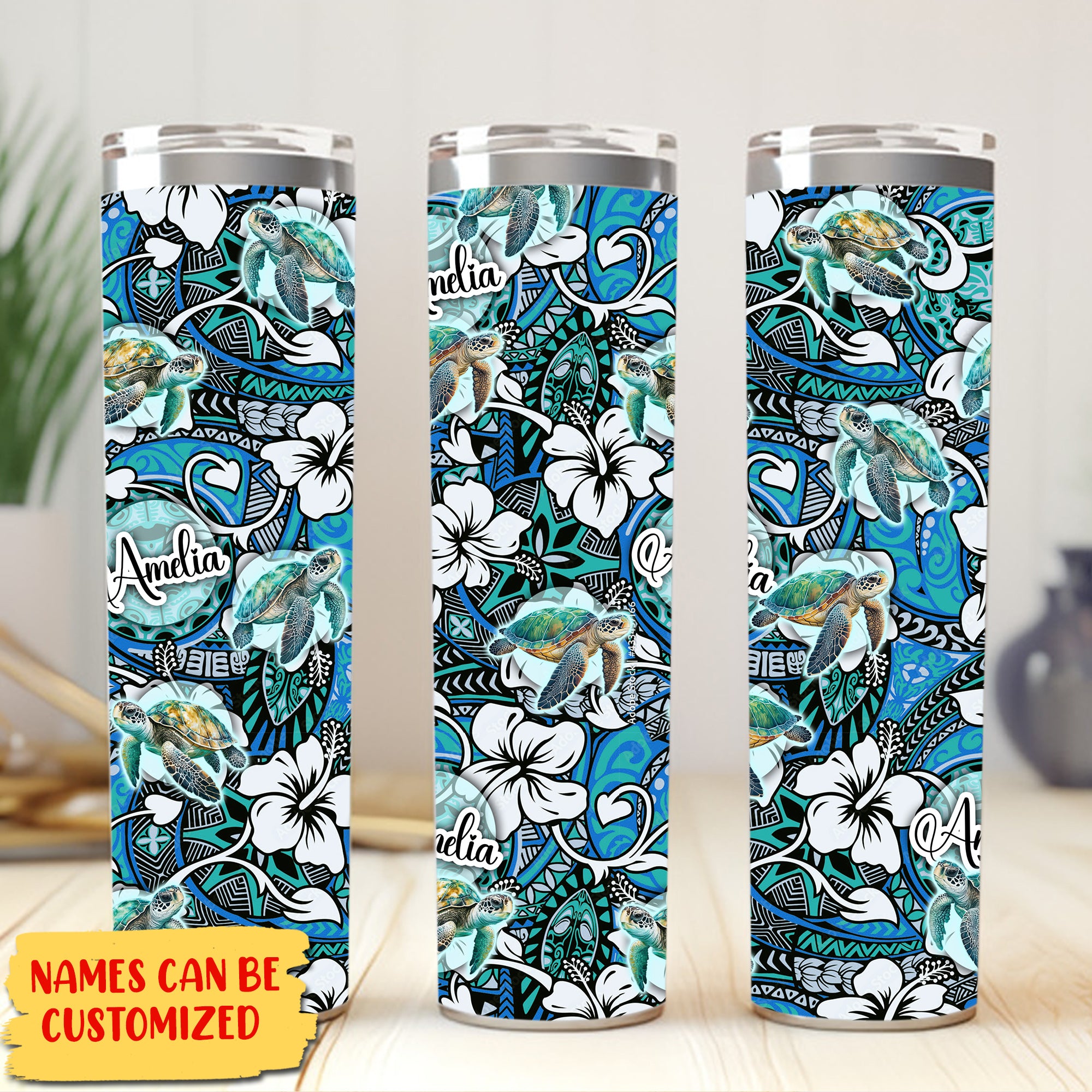 Personalized Sea Turtles Tribal Pattern Skinny Tumbler, Gift For Turtle Lover