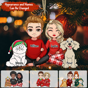 Couple Sitting With Christmas Pet, Custom Appearances And Names - Christmas Gift For Couple - Personalized Acrylic Ornament