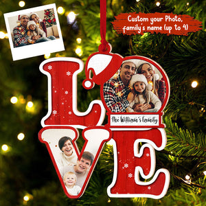 L.O.V.E For Christmas, Custom Photo And Family Name - Personalized Custom Shaped Wooden Ornament - Gift For Family