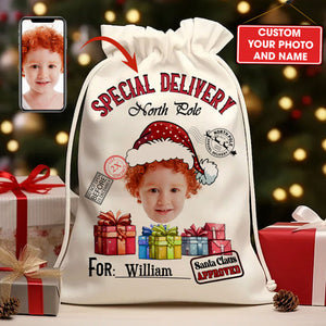 Special Delivery For Custom Photo And Name, Personalized String Bag, Christmas Gift