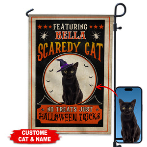 Scaredy Black Cat No Treats Just Tricks - Personalized Cat Photo And Name Flag - Gift For Pet Lovers, Halloween Gift