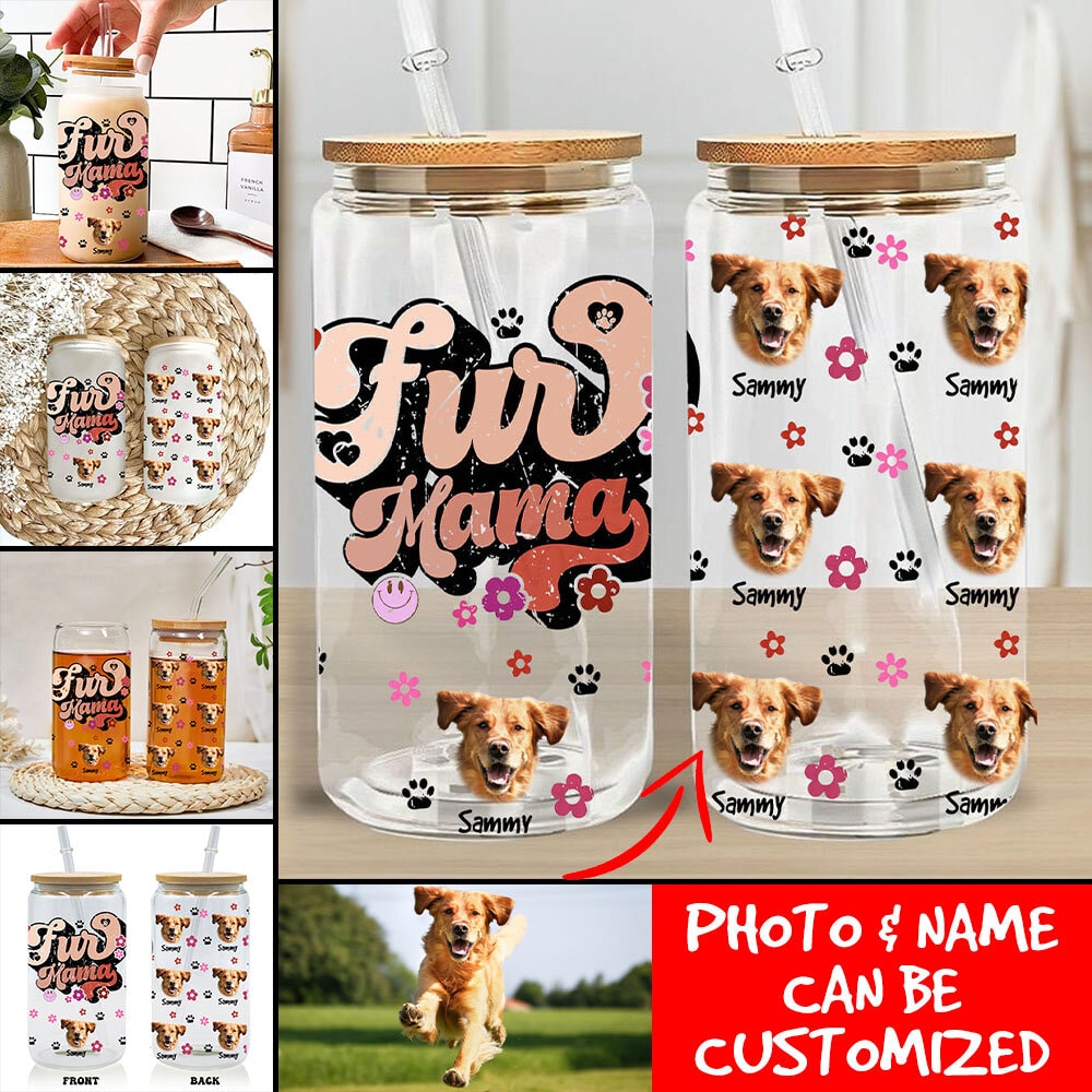 Fur Mama - Custom Photo - Personalized Glass Bottle, Frosted Bottle - Gift For Pets Lovers