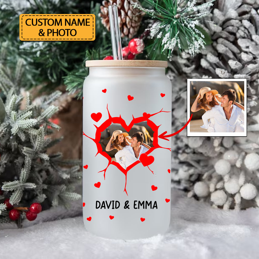 Couple Heart Shape - Custom Photo And Names - Personalized Glass Bottle, Frosted Bottle, Gift For Couple