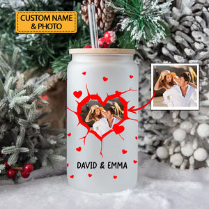 Couple Heart Shape - Custom Photo And Names - Personalized Glass Bottle, Frosted Bottle, Gift For Couple