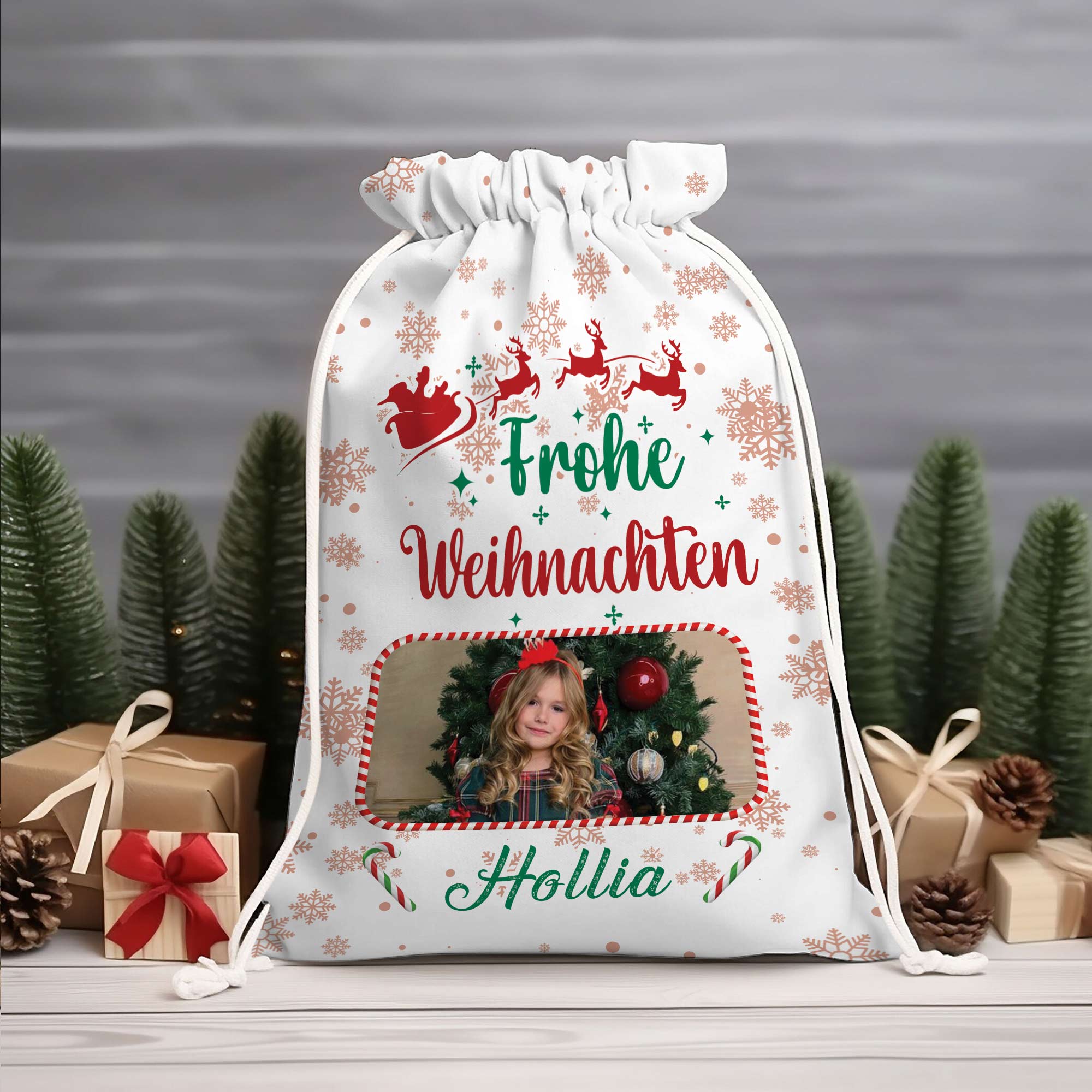 Christmas Frohe Weihnachten Custom Photo And Text, Personalized String Bag, Christmas Gift