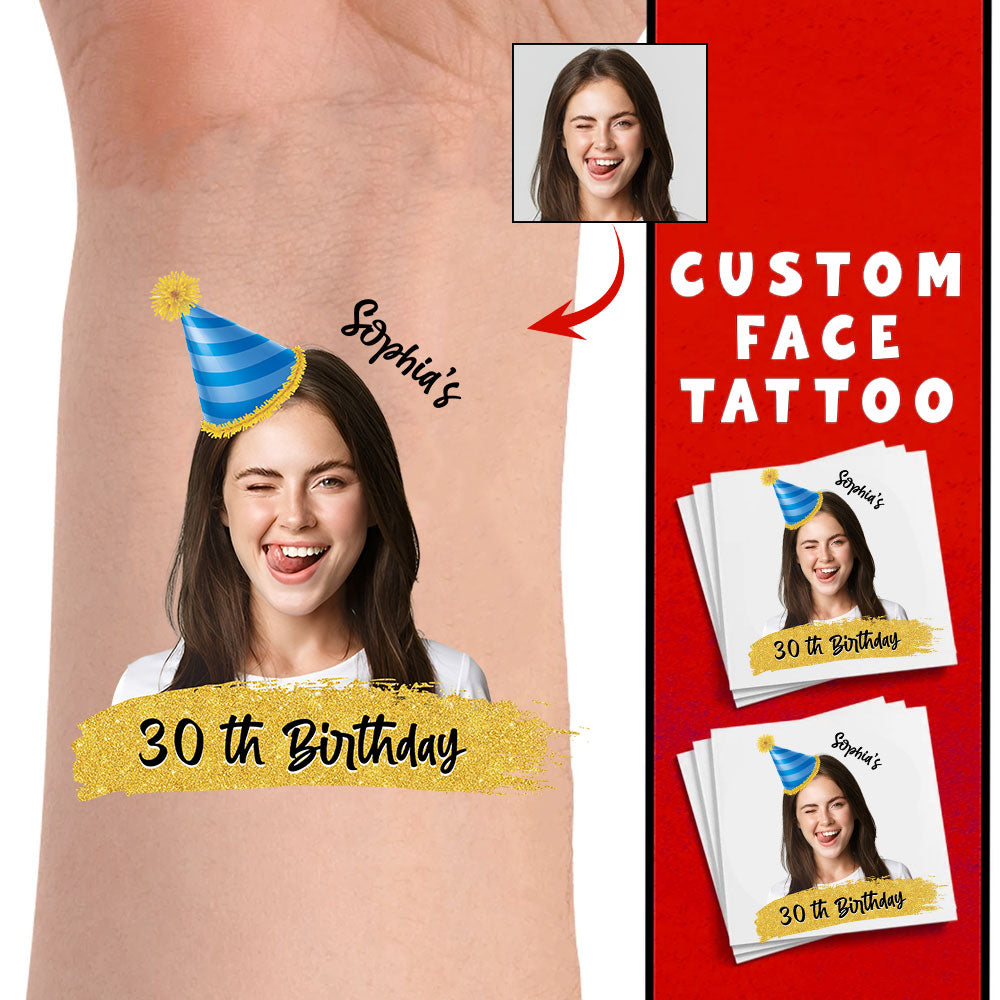 Gold Birthday Custom Photo And Text Temporary Tattoo, Personalized Tattoo, Fake Tattoo