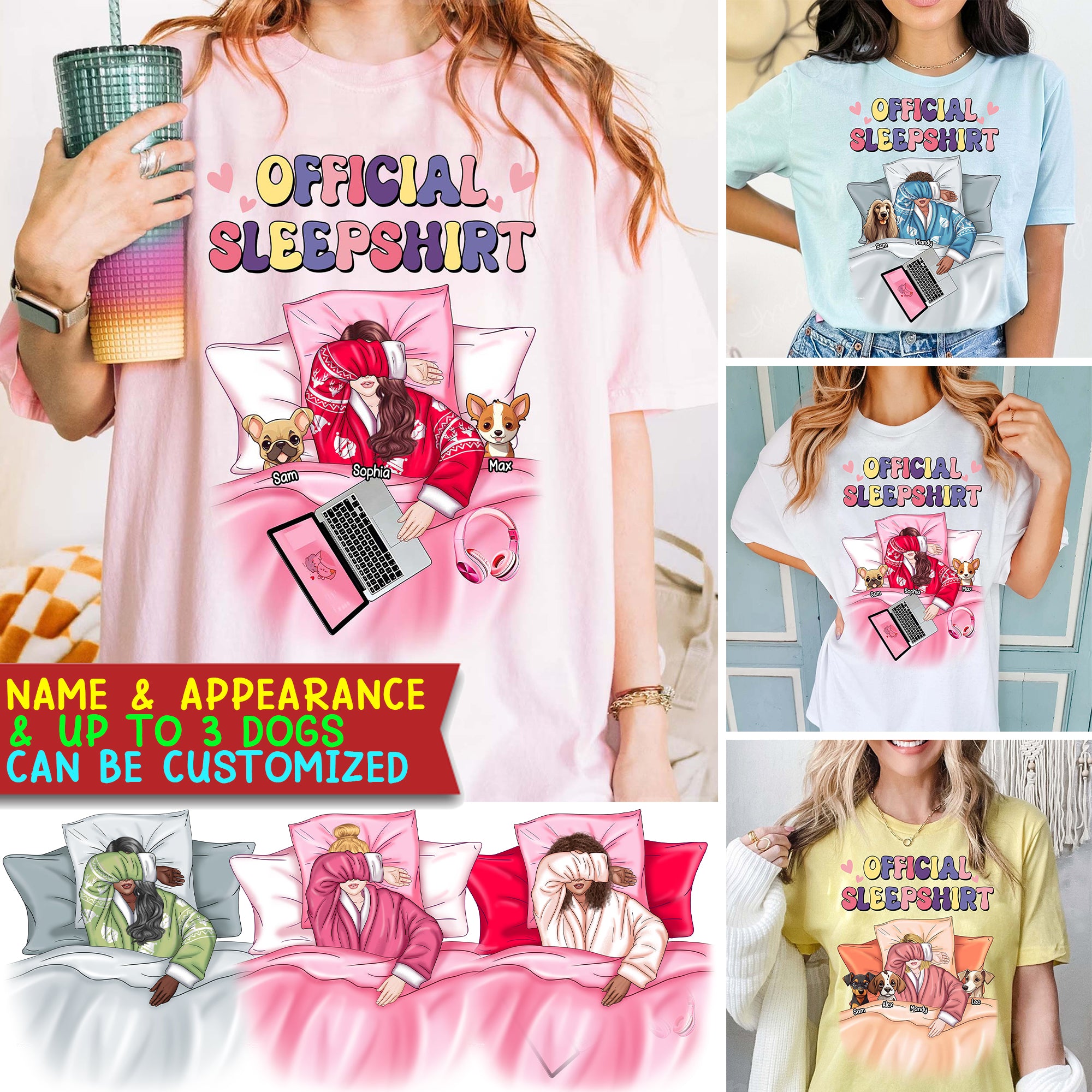 Official Sleepshirt Woman & Dogs- Custom Appearances And Names - Personalized T-Shirt