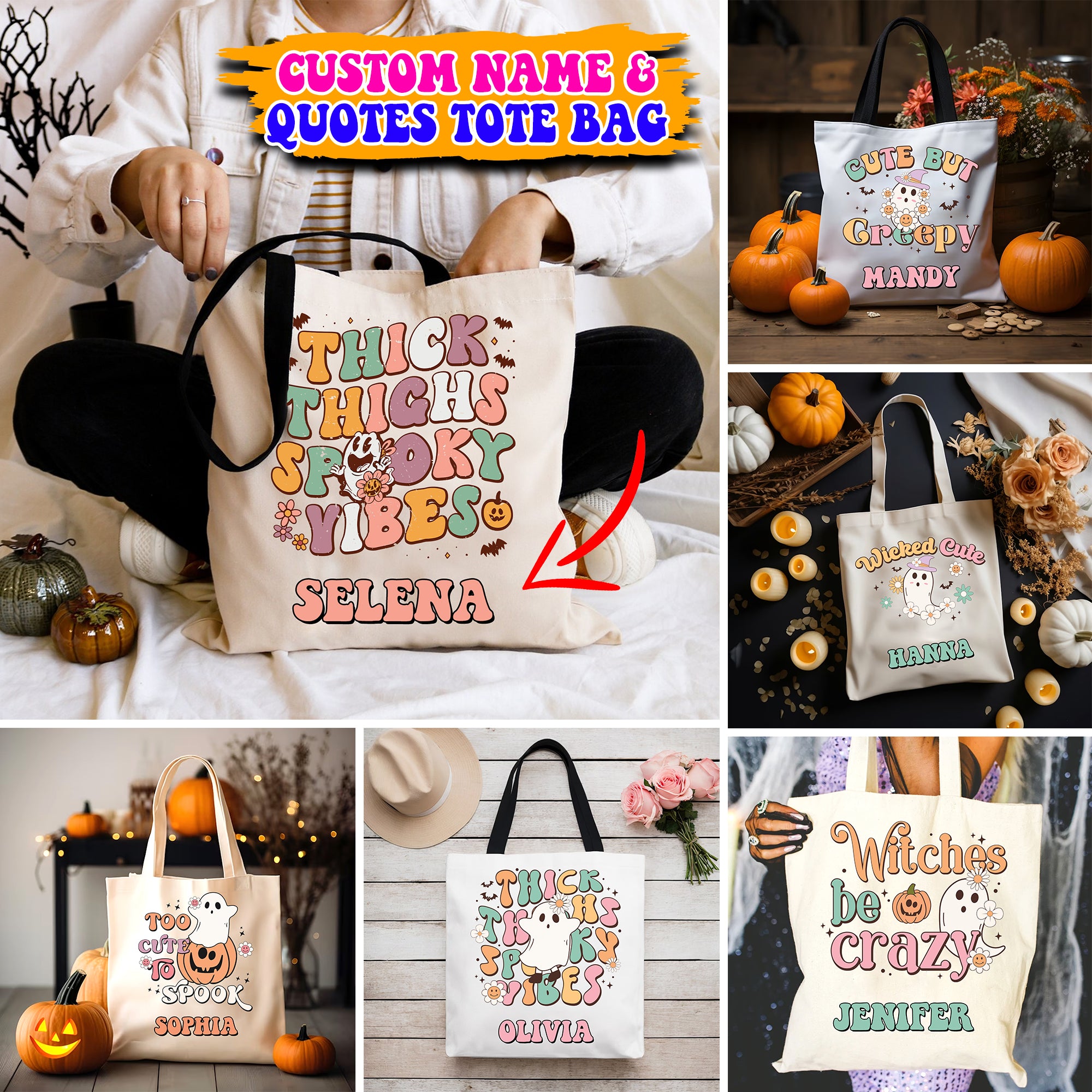 Thick Thighs Spooky Vibes - Halloween Season - Custom Name - Personalized Tote Bag, Halloween Gift