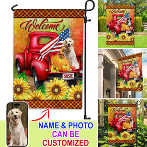 Welcome Pumpkin And Sunflower Pattern - Personalized Pet Photo & Name Flag - Gift For Pet Lovers