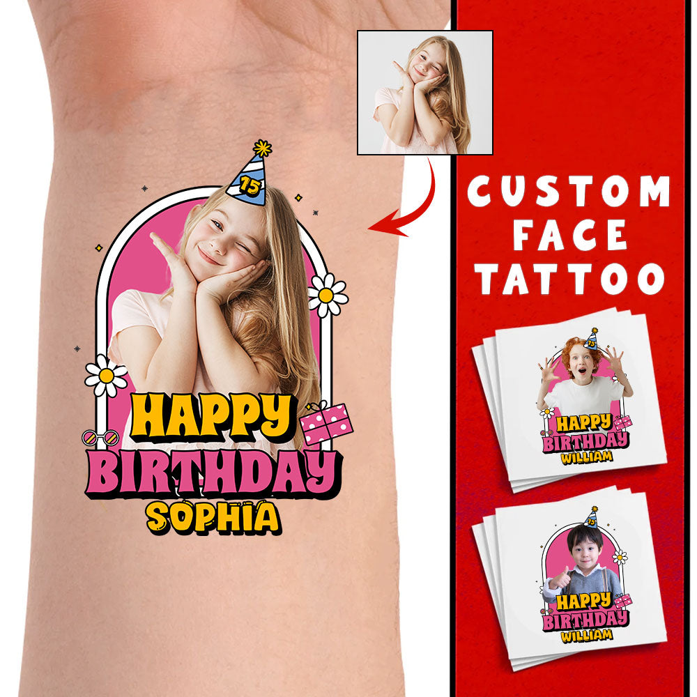 Birthday Pink Background, Custom Photo And Text Temporary Tattoo, Personalized Tattoo, Fake Tattoo