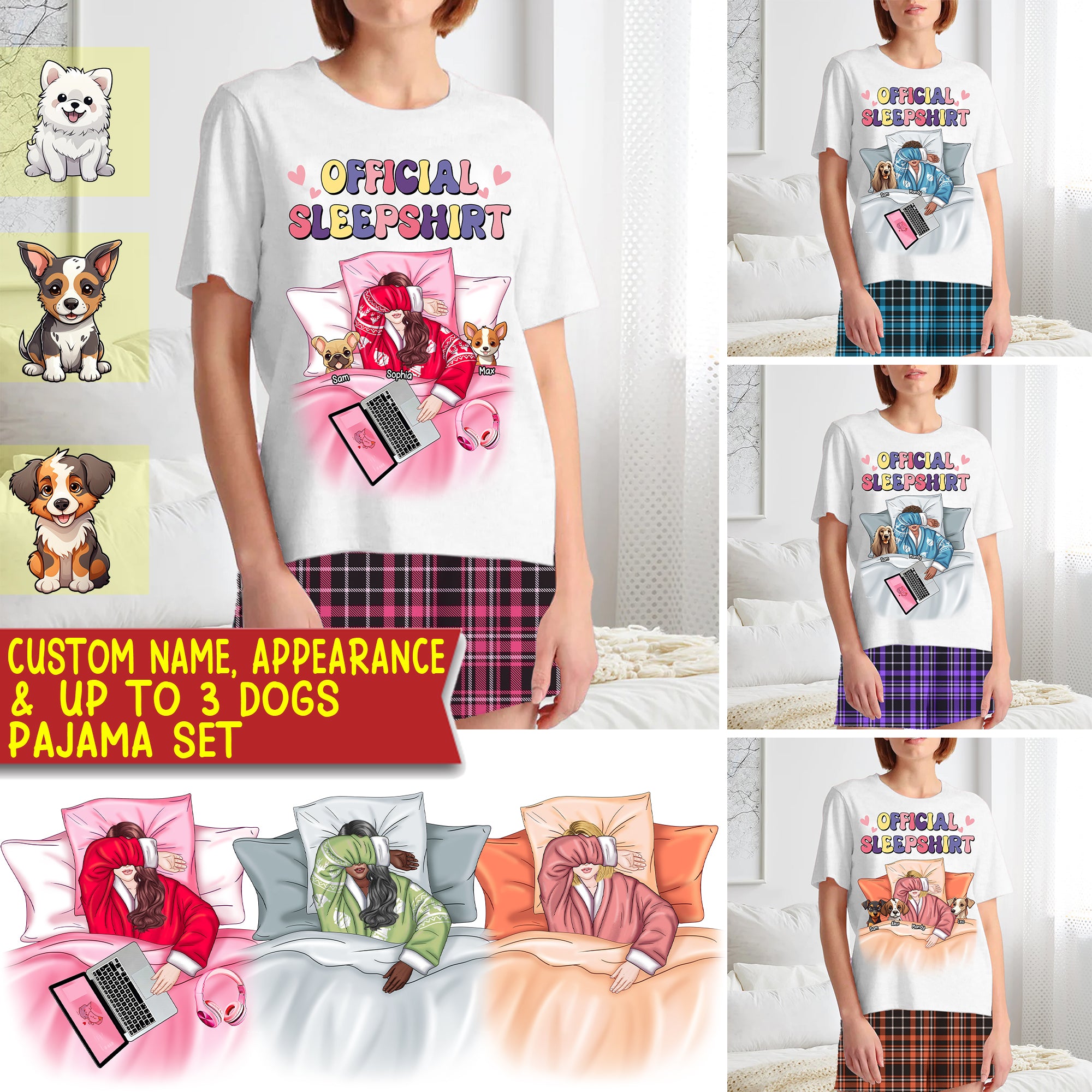 Official Sleepshirt Woman & Dogs- Custom Appearances And Names - Personalized Pajamas Set