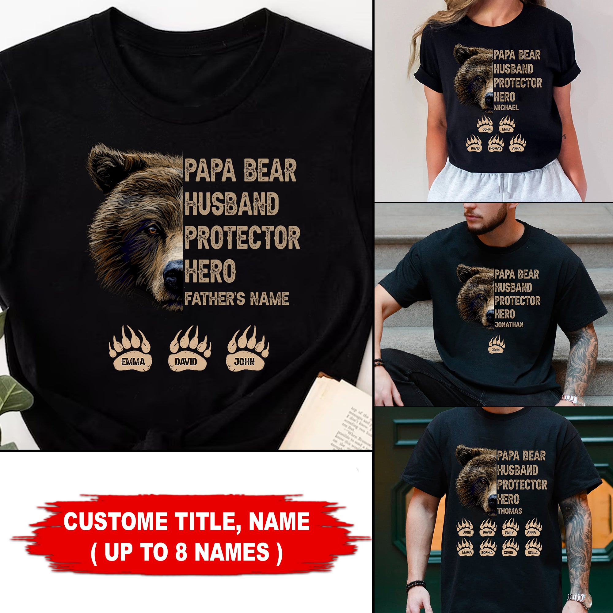 Papa Bear Husband Protector Hero - Custom Names - Personalized T-Shirt - Gift For Family