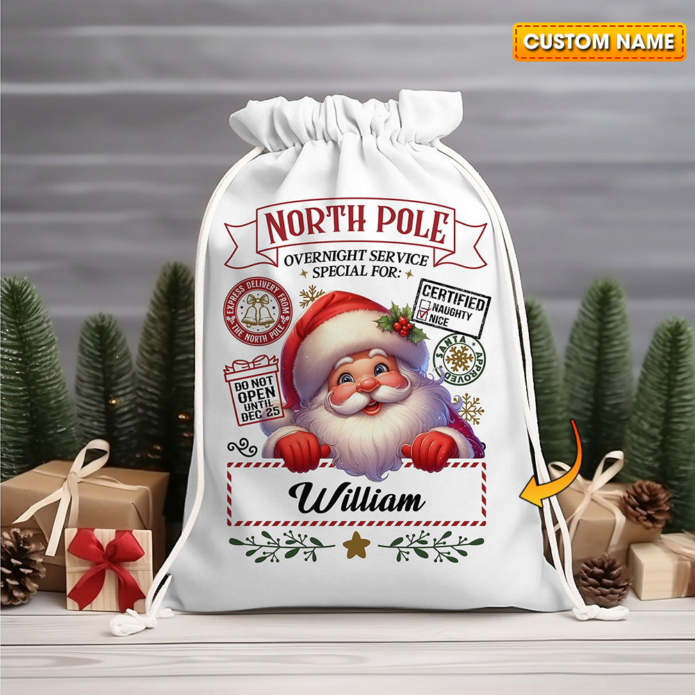 Santa Christmas North Pole Custom Name, Personalized String Bag, Christmas Gift