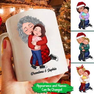 Grandma, Mom Hugging Grandkid, Kid - Custom Appearances And Names, Personalized White Mug, Gift For Family