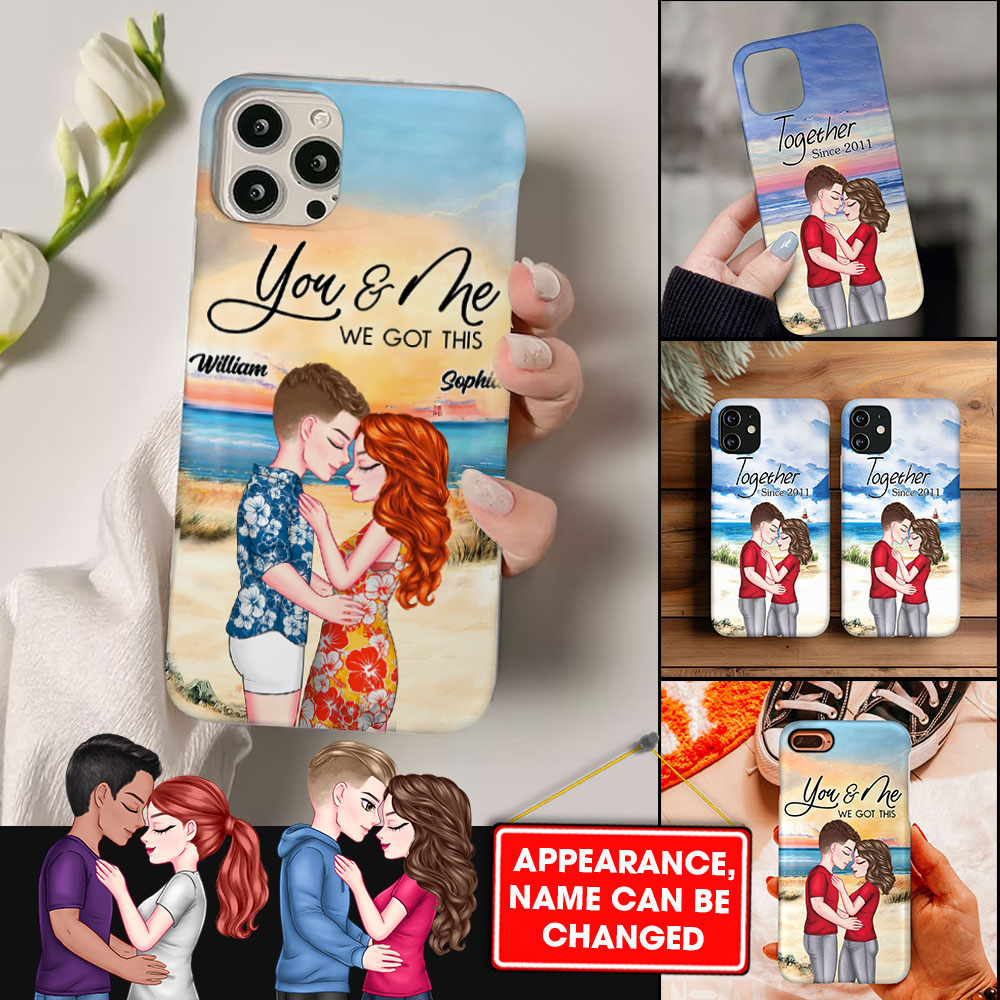 Couple Kissing At Beach Sunset Sunrise - Custom Appearance And Names - Personalized Phone Case - Gift For Couple